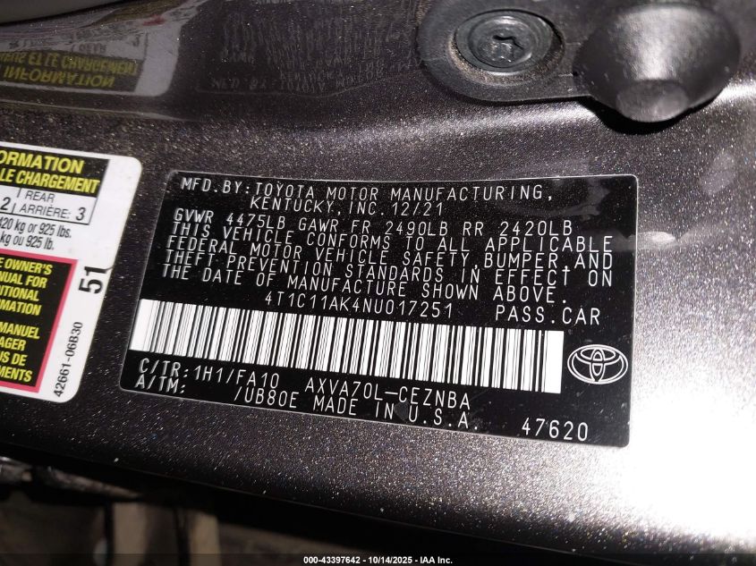 2022 Toyota Camry Le VIN: 4T1C11AK4NU017251 Lot: 43397642