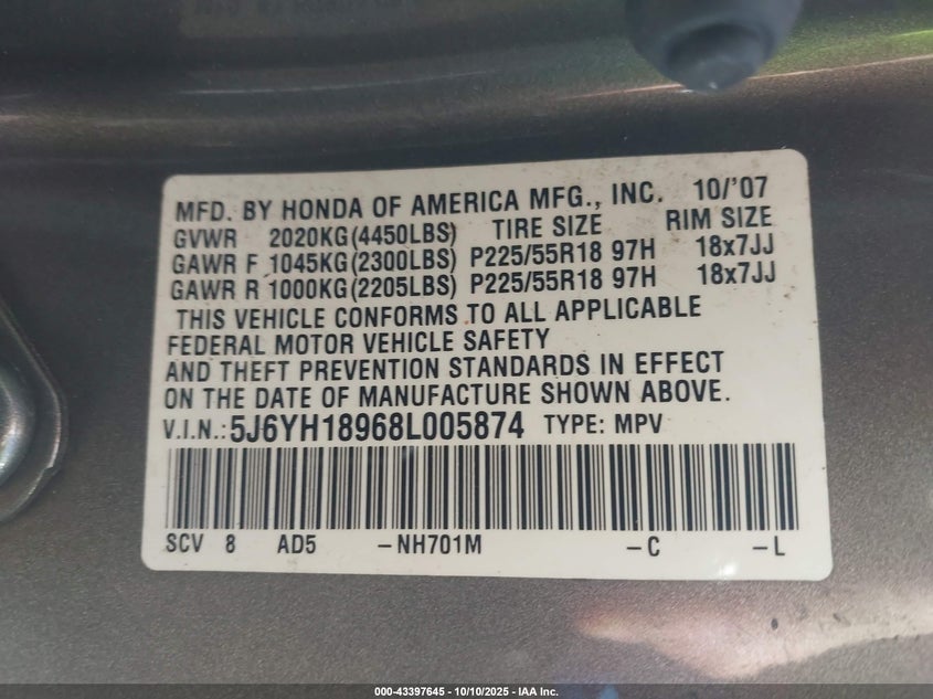 2008 Honda Element Sc VIN: 5J6YH18968L005874 Lot: 43397645