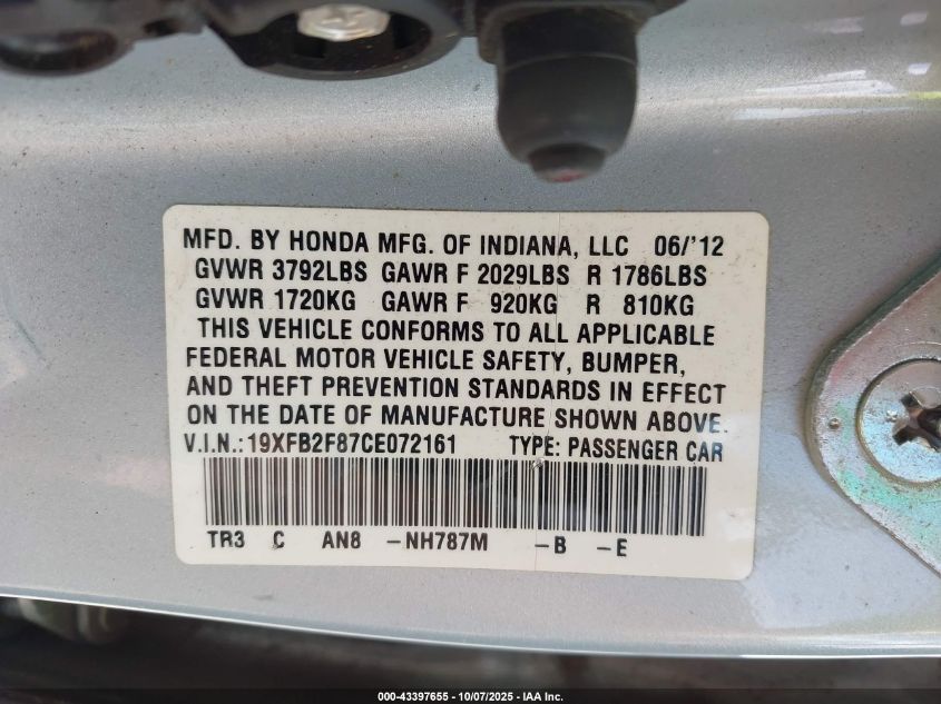2012 Honda Civic Ex VIN: 19XFB2F87CE072161 Lot: 43397655