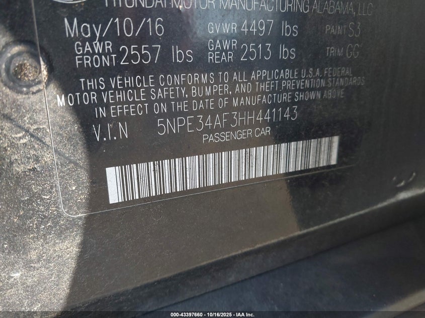 2017 HYUNDAI SONATA SPORT 5NPE34AF3HH441143