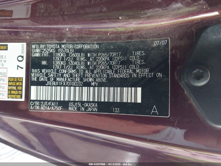 2007 Toyota Fj Cruiser VIN: JTEBU11FX70100232 Lot: 43397666