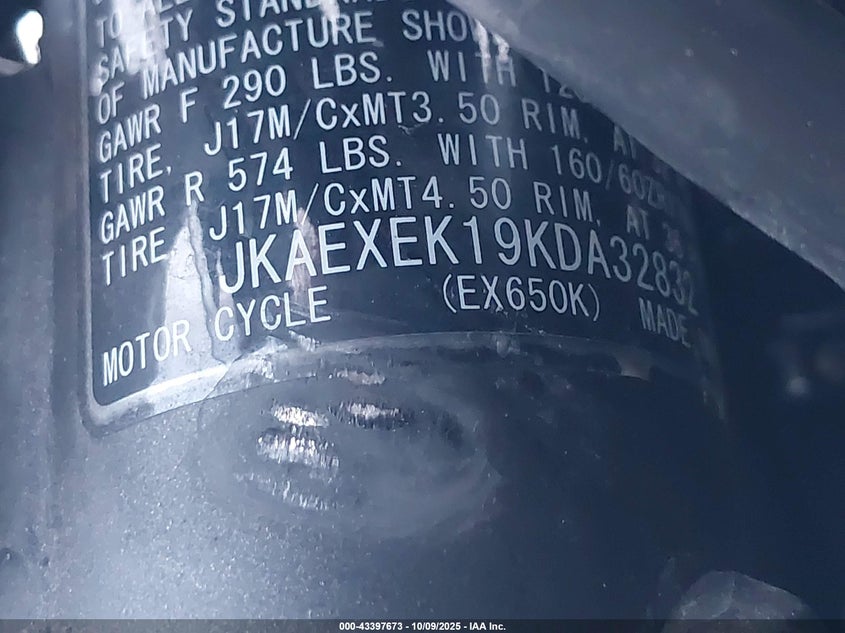 2019 Kawasaki Ex650 F VIN: JKAEXEK19KDA32832 Lot: 43397673