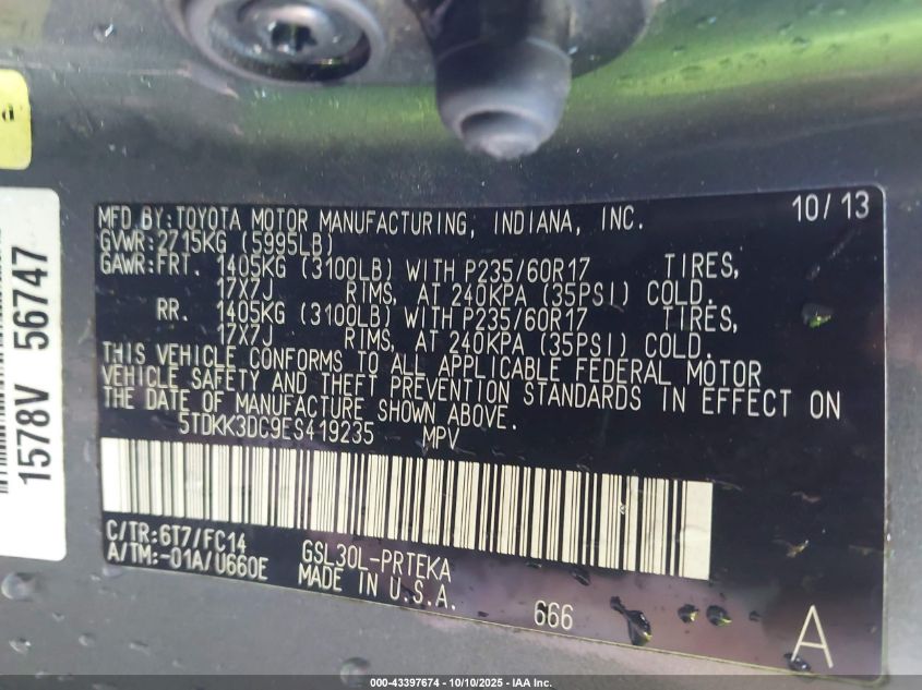 2014 Toyota Sienna Le V6 8 Passenger VIN: 5TDKK3DC9ES419235 Lot: 43397674