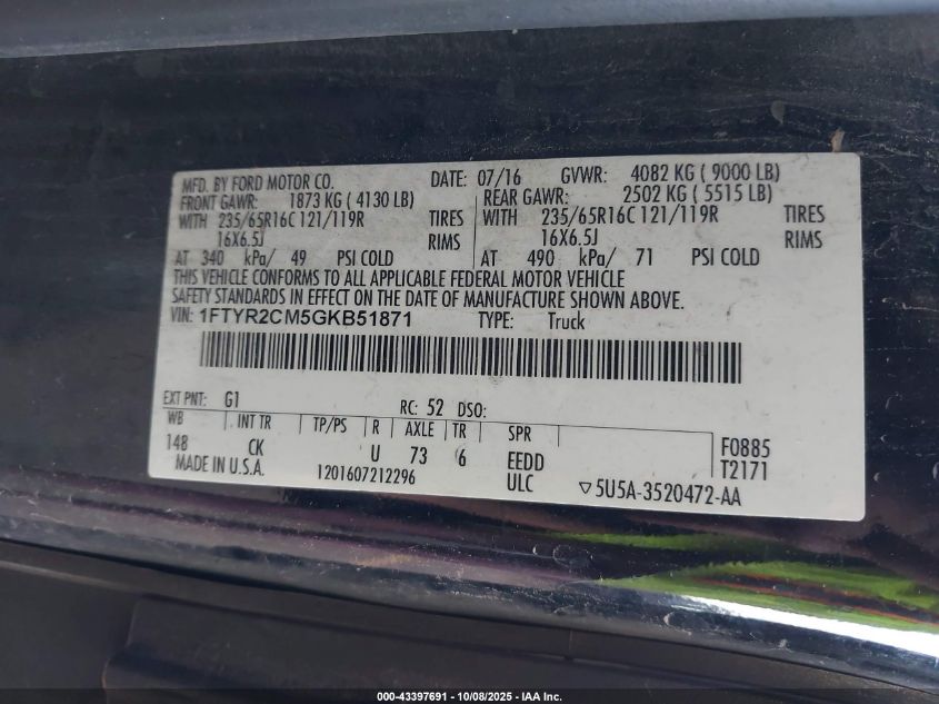 2016 Ford Transit-250 VIN: 1FTYR2CM5GKB51871 Lot: 43397691