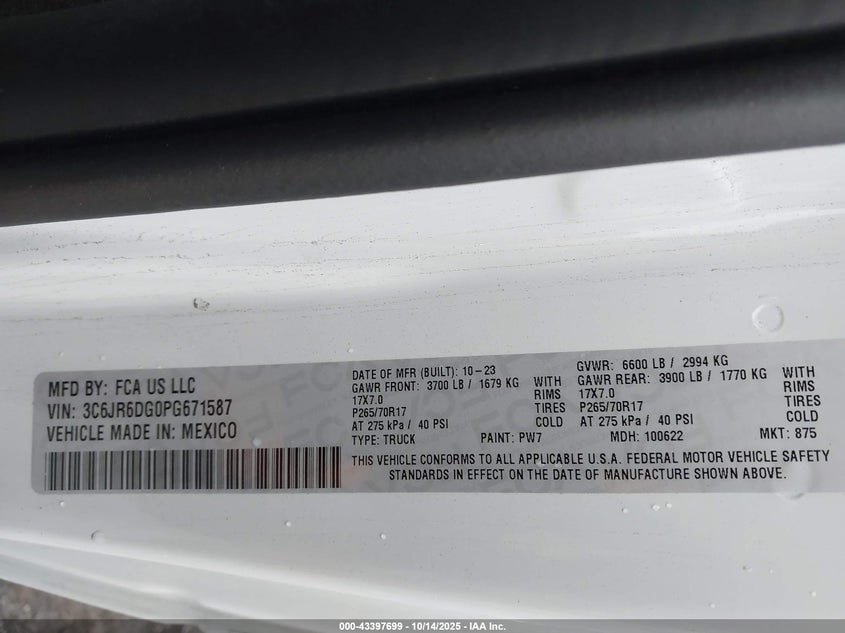 2023 Ram 1500 3.6 Classic Tradesman 4x2 8' Box White Lot 111043397699 Vin 3C6JR6DG0PG671587