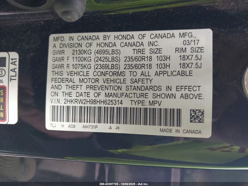 2017 Honda Cr-V Touring VIN: 2HKRW2H98HH625314 Lot: 43397705