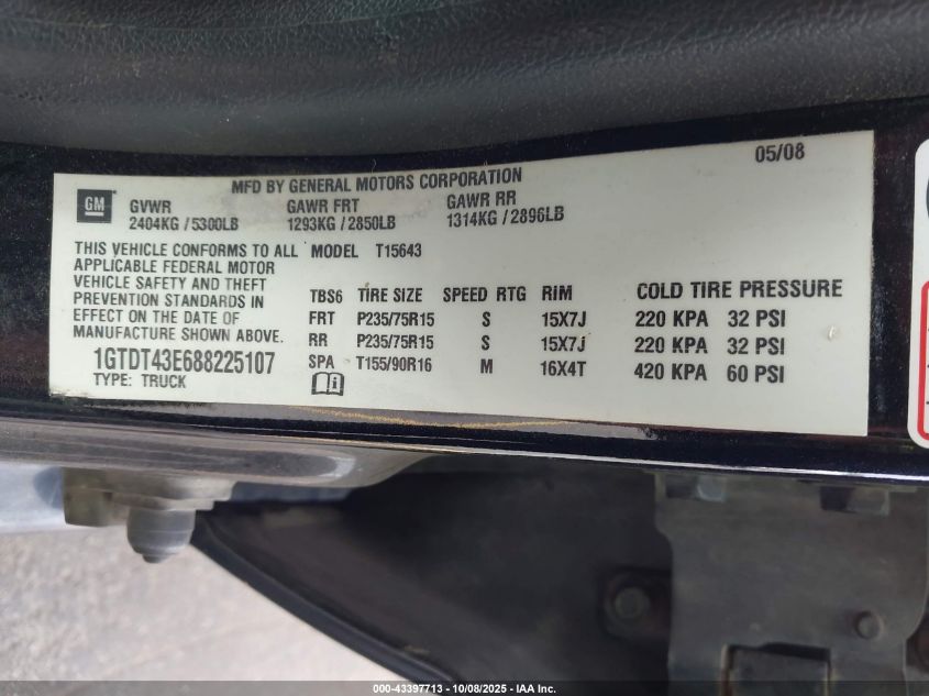 2008 GMC Canyon Sle2 VIN: 1GTDT43E688225107 Lot: 43397713