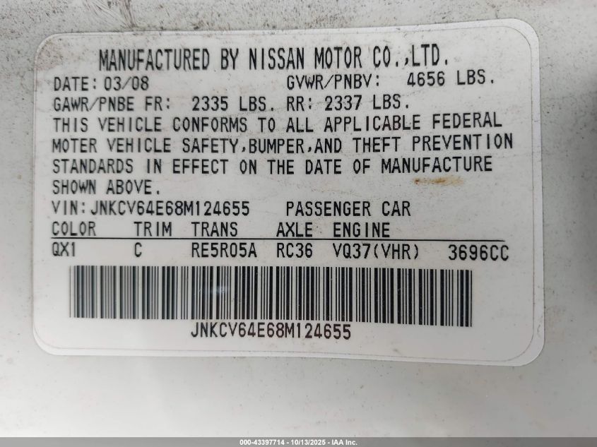 2008 Infiniti G37 VIN: JNKCV64E68M124655 Lot: 43397714