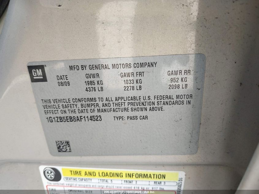 2010 Chevrolet Malibu Ls VIN: 1G1ZB5EB8AF114523 Lot: 43397717