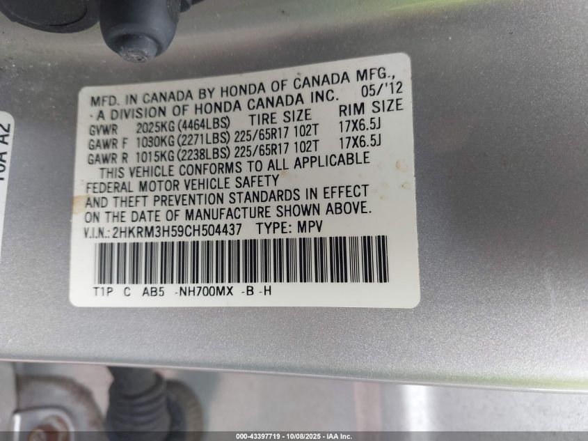 2012 Honda Cr-V Ex VIN: 2HKRM3H59CH504437 Lot: 43397719