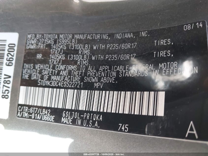 2014 Toyota Sienna Xle V6 8 Passenger VIN: 5TDYK3DC4ES522721 Lot: 43397726