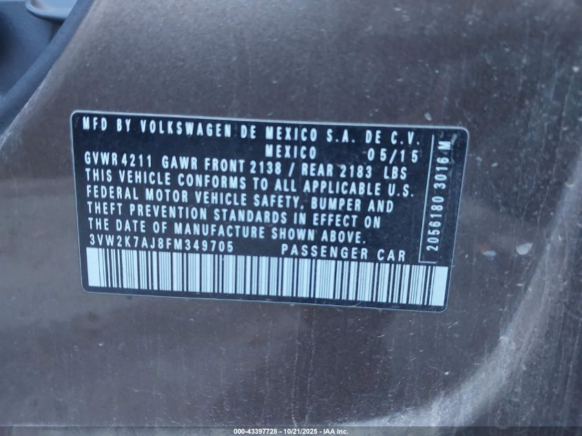 2015 Volkswagen Jetta 2.0L S VIN: 3VW2K7AJ8FM349705 Lot: 43397728