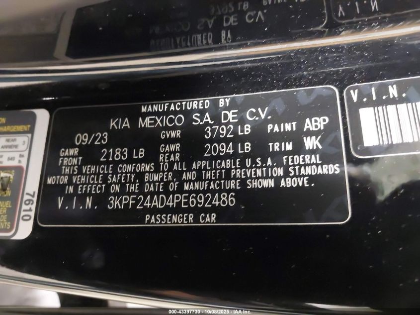 2023 Kia Forte Lxs VIN: 3KPF24AD4PE692486 Lot: 43397730