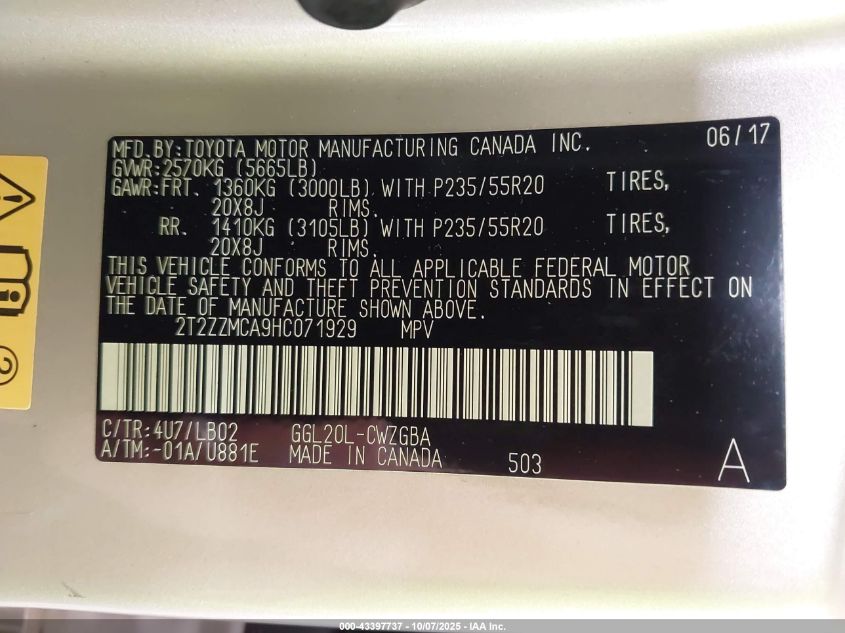 2017 Lexus Rx 350 VIN: 2T2ZZMCA9HC071929 Lot: 43397737