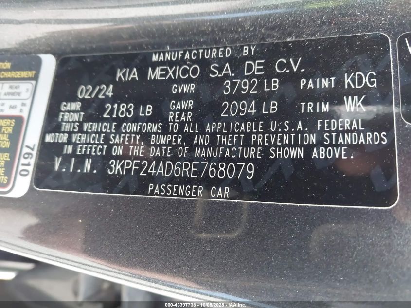 2024 Kia Forte Lxs VIN: 3KPF24AD6RE768079 Lot: 43397738