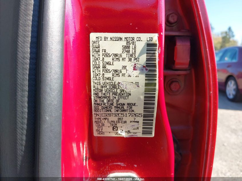 2002 Nissan Xterra Xe VIN: 5N1ED28T92C517265 Lot: 43397741