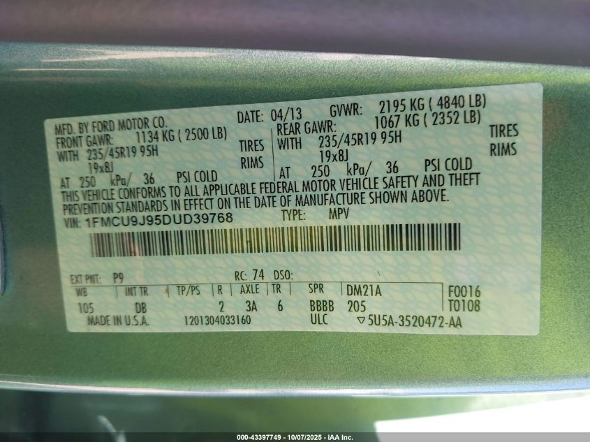 2013 Ford Escape Titanium VIN: 1FMCU9J95DUD39768 Lot: 43397749