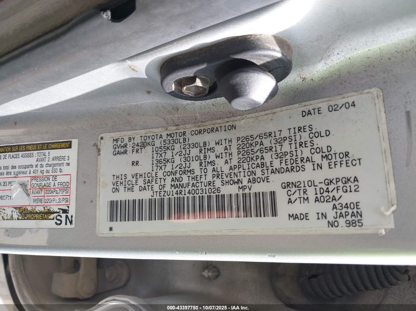2004 Toyota 4Runner Sr5 V6 VIN: JTEZU14R140031026 Lot: 43397750