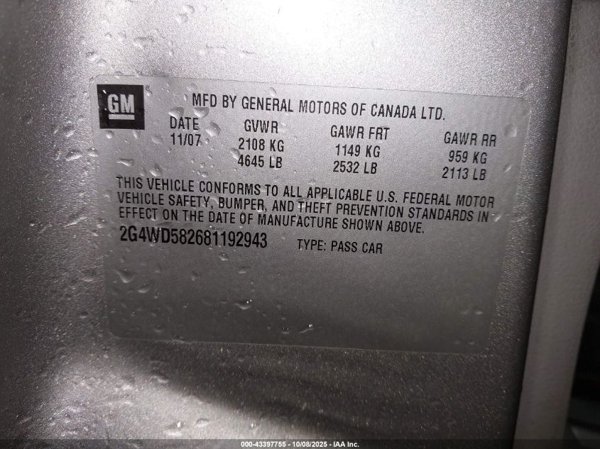 2008 Buick Lacrosse Cxl VIN: 2G4WD582681192943 Lot: 43397755