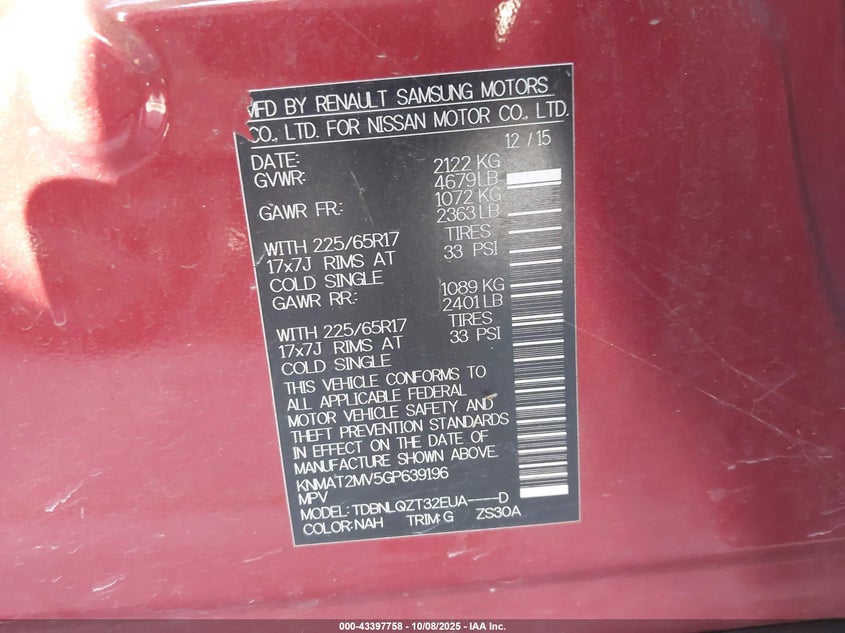 2016 NISSAN ROGUE SV KNMAT2MV5GP639196