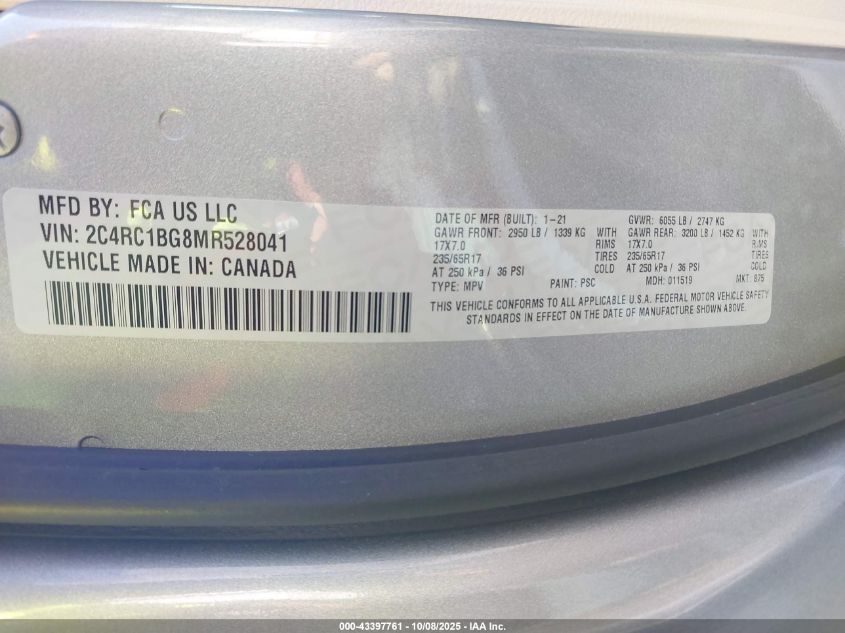 2021 Chrysler Pacifica Touring L VIN: 2C4RC1BG8MR528041 Lot: 43397761