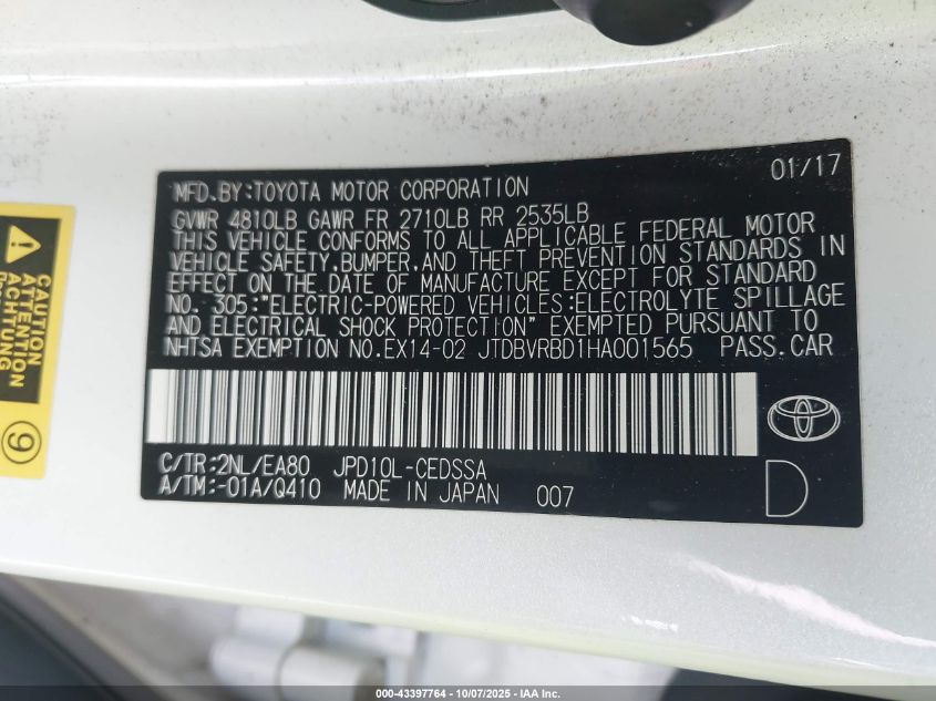 2017 Toyota Mirai VIN: JTDBVRBD1HA001565 Lot: 43397764