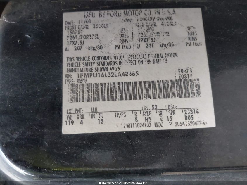 2002 Ford Expedition Xlt VIN: 1FMPU16L32LA48485 Lot: 43397777