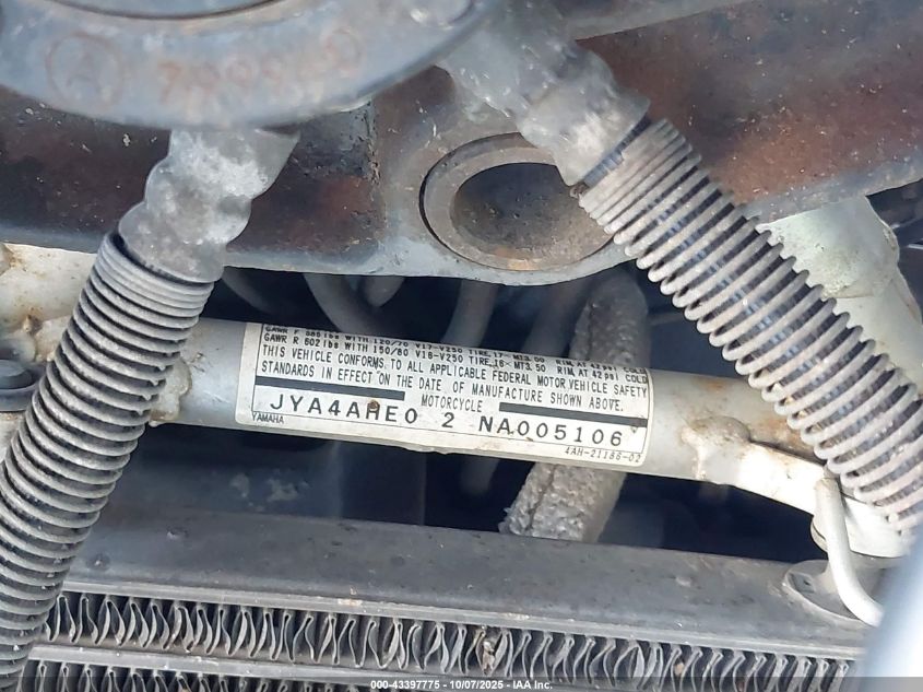 1992 Yamaha Fj1200 VIN: JYA4AHE02NA005106 Lot: 43397775
