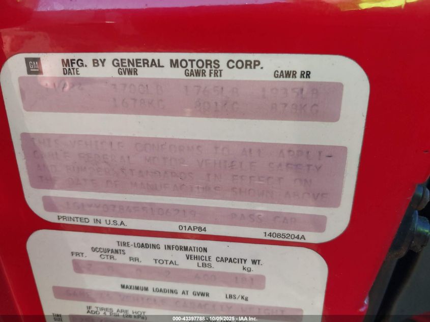 1985 Chevrolet Corvette VIN: 1G1YY0784F5106219 Lot: 43397788