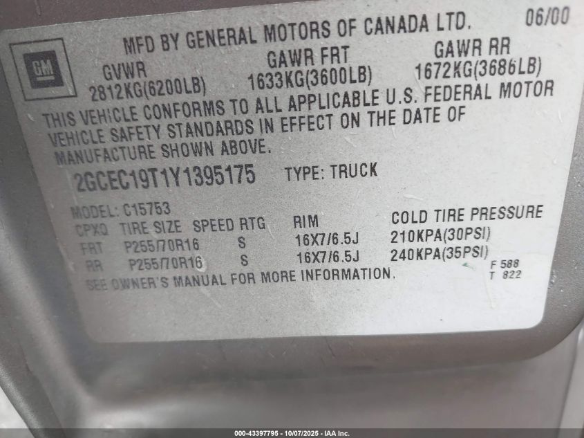 2000 Chevrolet Silverado 1500 Ls VIN: 2GCEC19T1Y1395175 Lot: 43397795