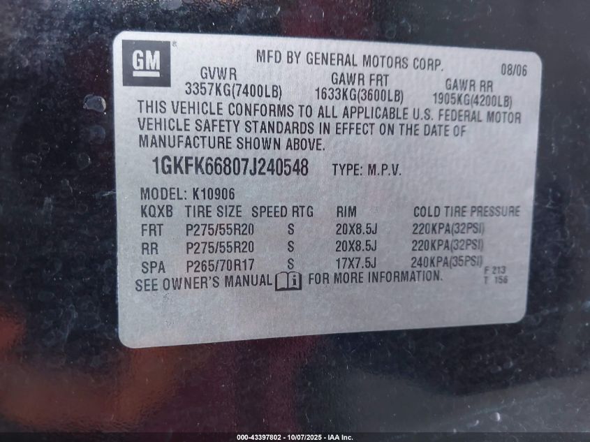 2007 GMC Yukon Xl 1500 Denali VIN: 1GKFK66807J240548 Lot: 43397802