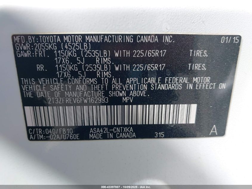 2015 Toyota Rav4 Le VIN: 2T3ZFREV6FW162993 Lot: 43397807