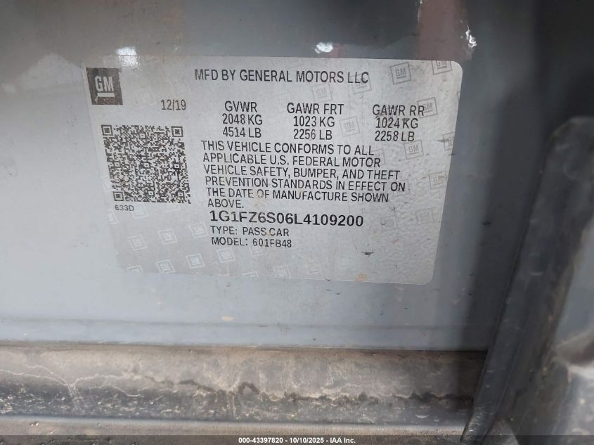 2020 Chevrolet Bolt Ev Fwd Premier VIN: 1G1FZ6S06L4109200 Lot: 43397820