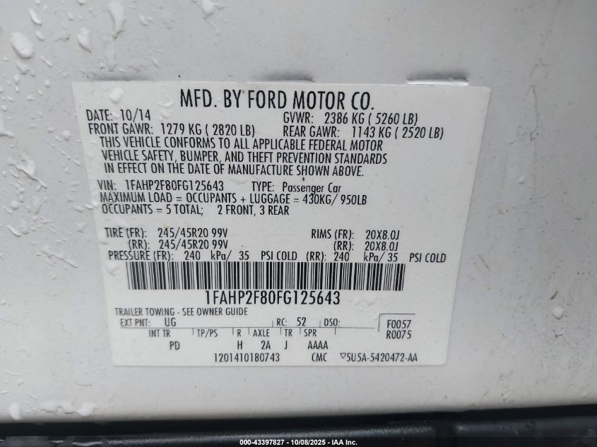 2015 Ford Taurus Limited VIN: 1FAHP2F80FG125643 Lot: 43397827