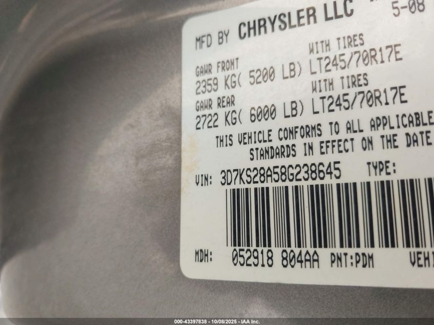 2008 Dodge Ram 2500 St/Sxt VIN: 3D7KS28A58G238645 Lot: 43397838