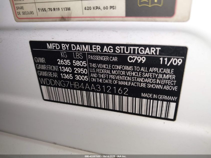 2010 Mercedes-Benz S 63 Amg VIN: WDDNG7HB4AA312162 Lot: 43397850