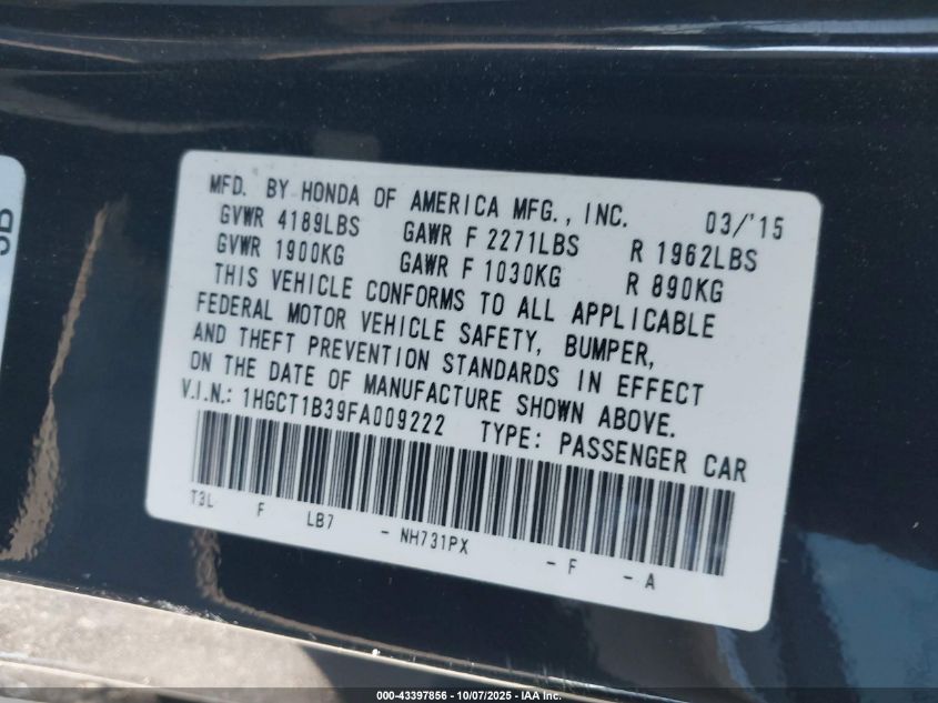 2015 Honda Accord Lx-S VIN: 1HGCT1B39FA009222 Lot: 43397856