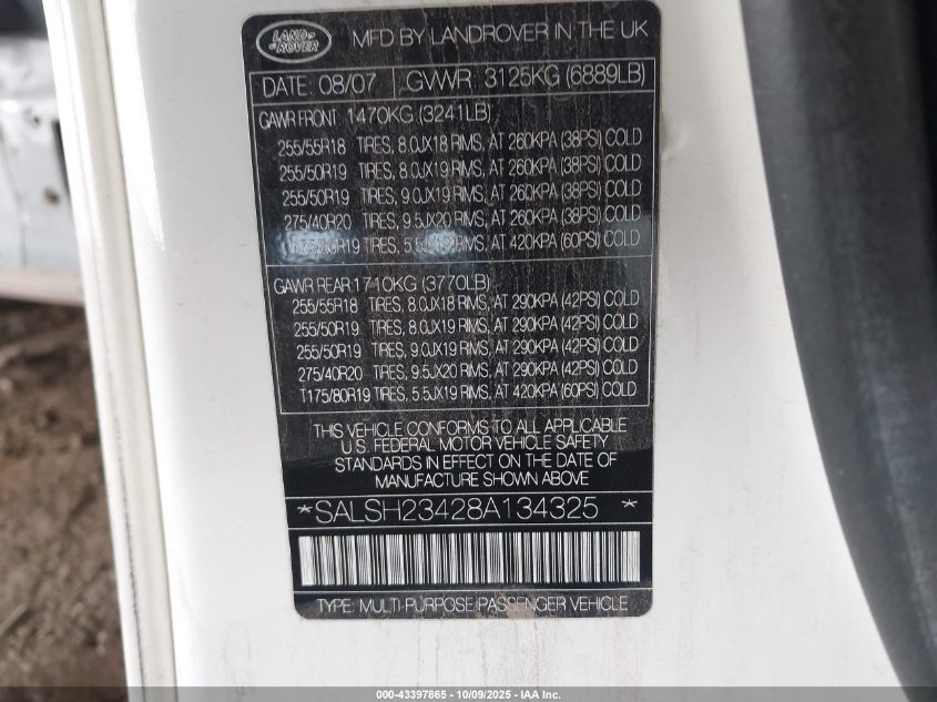 2008 Land Rover Range Rover Sport Supercharged VIN: SALSH23428A134325 Lot: 43397865