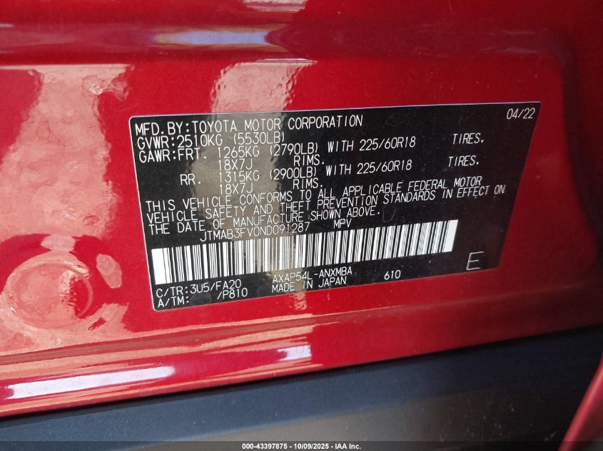 2022 Toyota Rav4 Prime Se VIN: JTMAB3FV0ND091287 Lot: 43397875