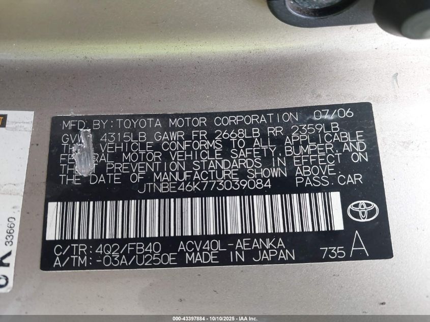 2007 Toyota Camry Le VIN: JTNBE46K773039084 Lot: 43397884