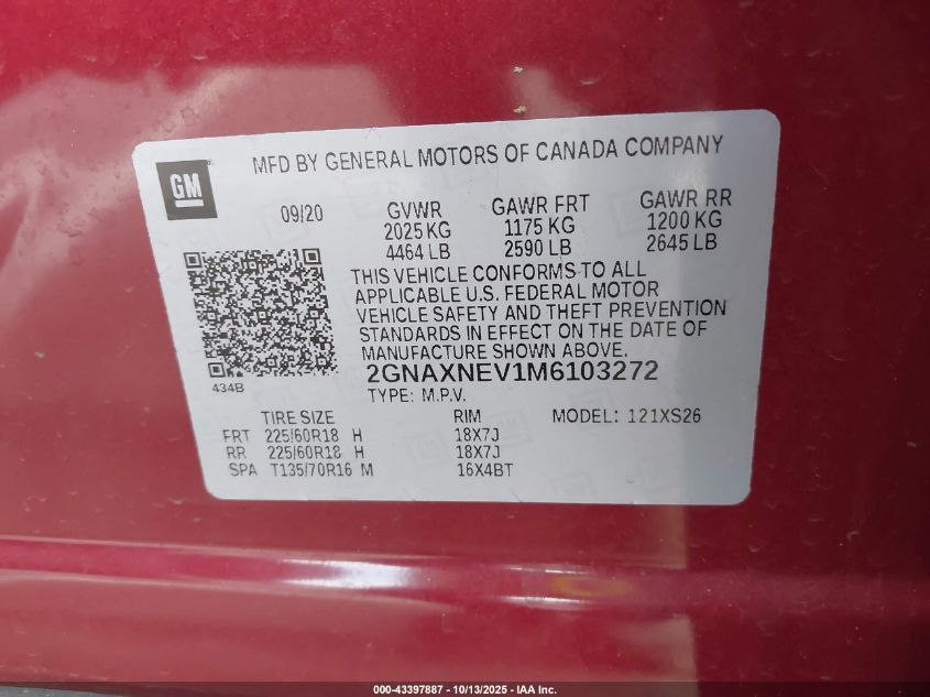 2021 Chevrolet Equinox Fwd Premier VIN: 2GNAXNEV1M6103272 Lot: 43397887