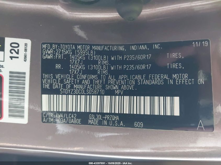 2020 Toyota Sienna Xle Premium VIN: 5TDYZ3DC0LS058710 Lot: 43397891