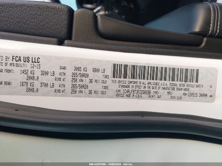 2015 Jeep Grand Cherokee Limited VIN: 1C4RJFBT3FC238236 Lot: 43397898