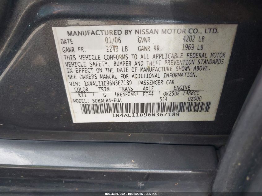 2006 Nissan Altima 2.5 S VIN: 1N4AL11D96N367189 Lot: 43397902