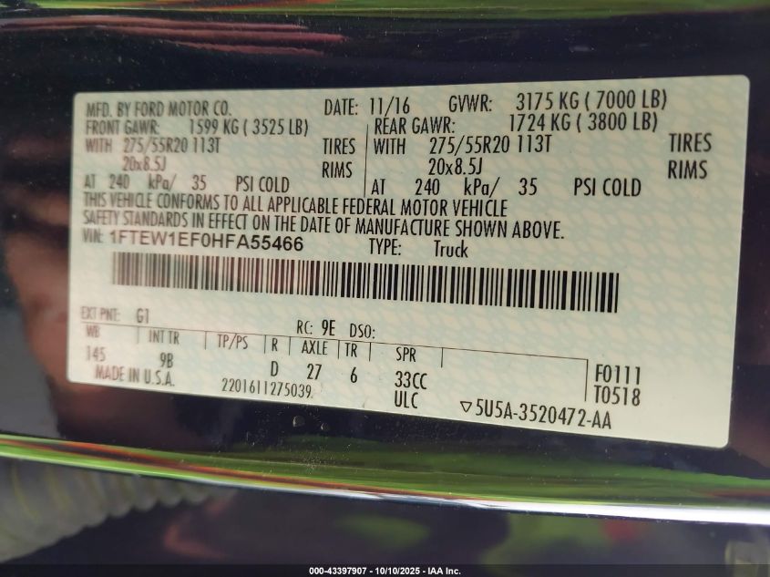 2017 Ford F150 Supercrew VIN: 1FTEW1EF0HFA55466 Lot: 43397907