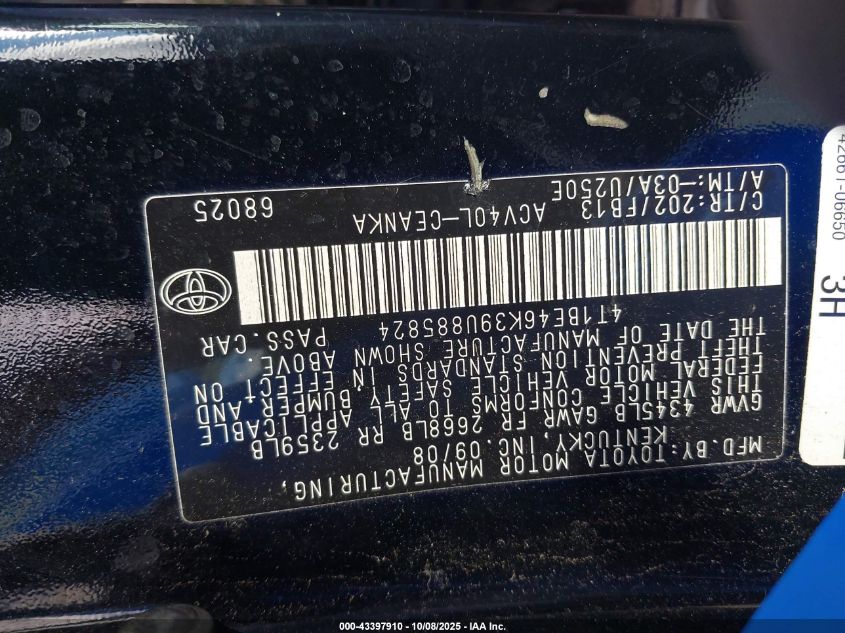 2009 Toyota Camry Le VIN: 4T1BE46K39U885824 Lot: 43397910