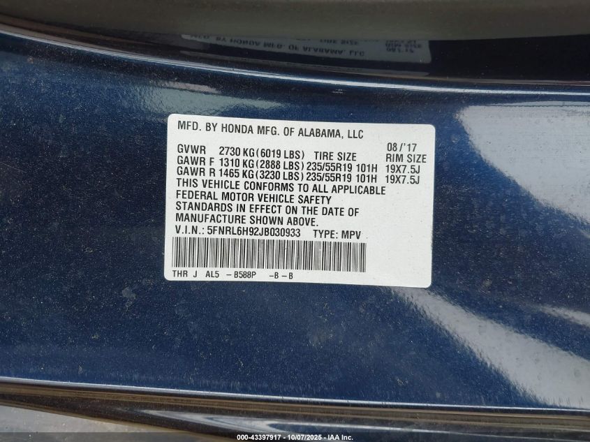 2018 Honda Odyssey Elite VIN: 5FNRL6H92JB030933 Lot: 43397917