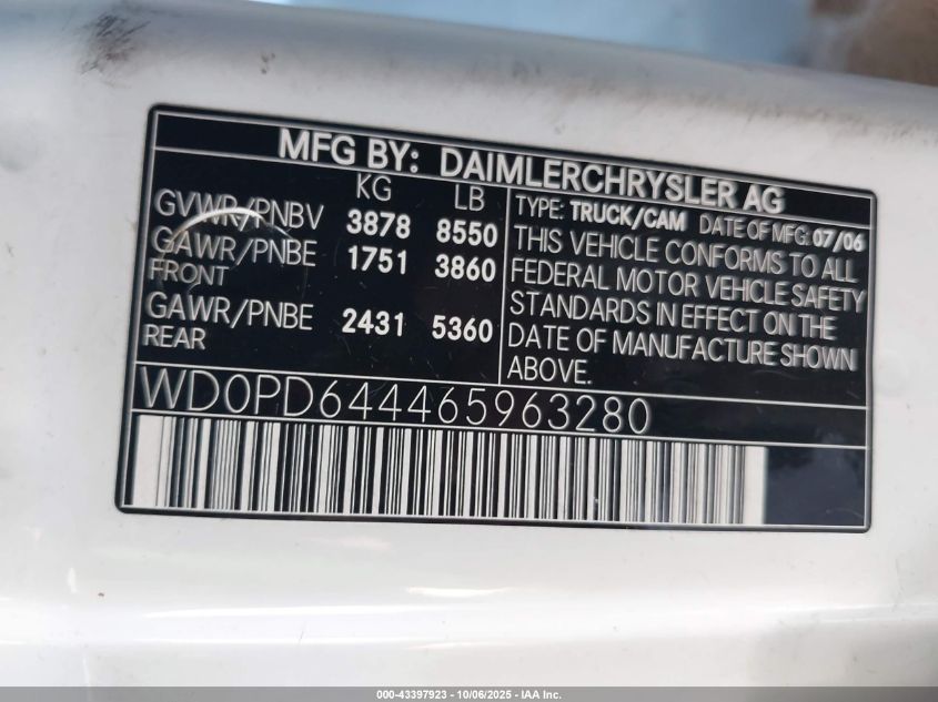 2006 Dodge Sprinter Van 2500 Shc VIN: WD0PD644465963280 Lot: 43397923
