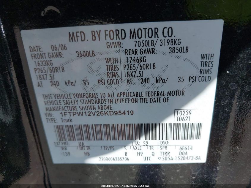 2006 Ford F-150 Lariat/Xlt VIN: 1FTPW12V26KD95419 Lot: 43397927