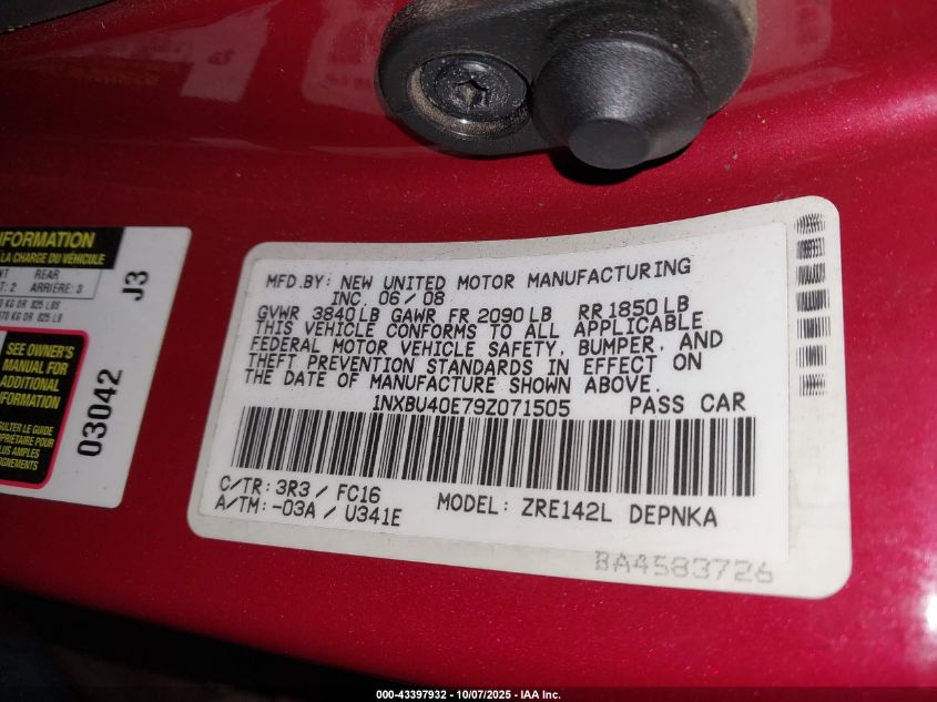 2009 Toyota Corolla Xle VIN: 1NXBU40E79Z071505 Lot: 43397932